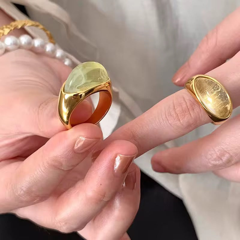 Bague Pierre Verte – Résine & Acier Inoxydable doré