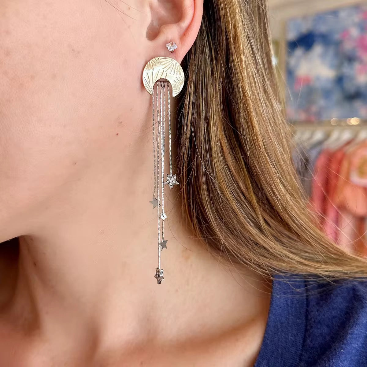 stars : Boucles d’oreilles pendantes doré et argenté
