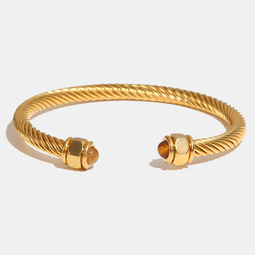 Jonc Doré Ajustable avec Cabochons de Pierres Naturelles œil de tigre