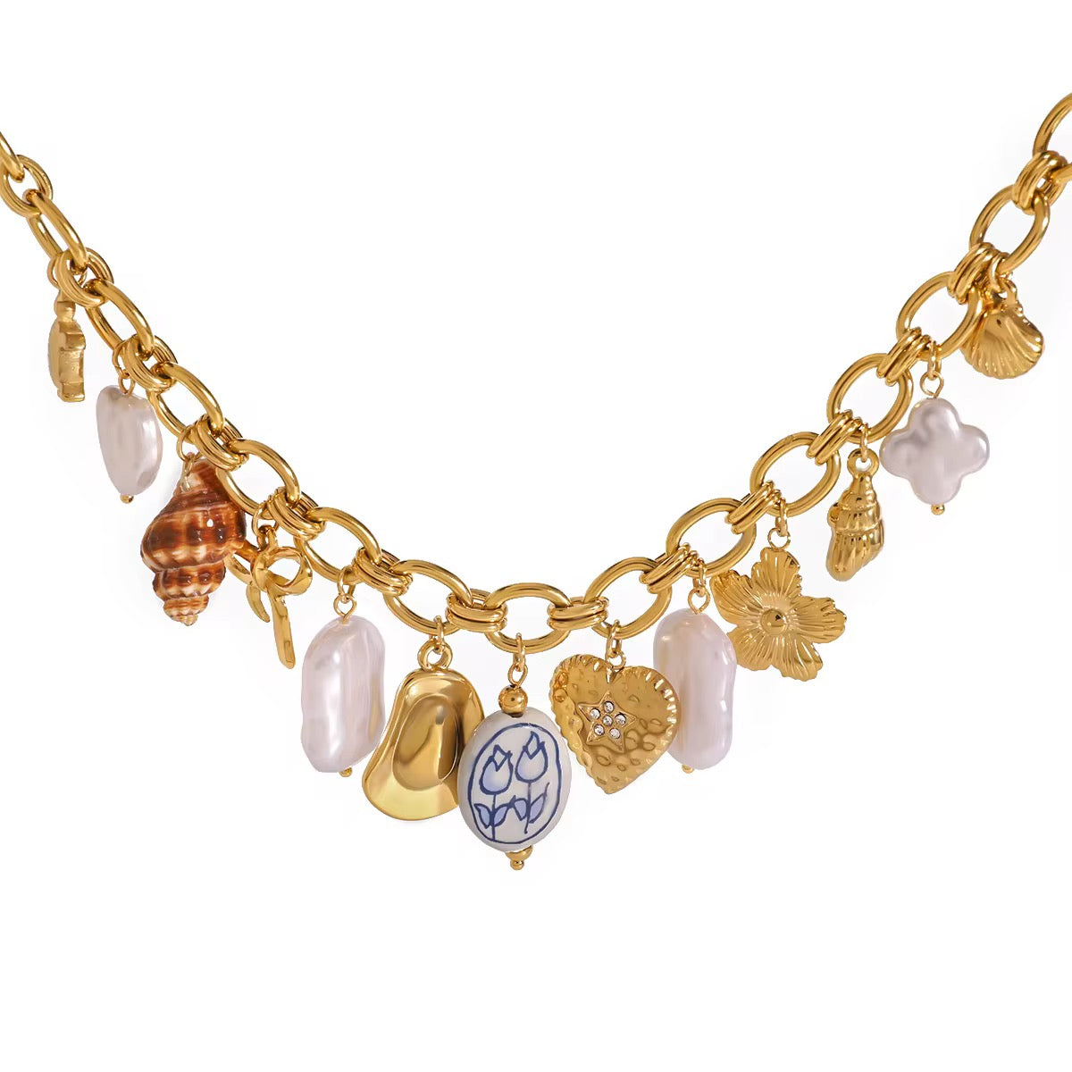 Collier à charms : Spring Collier doré charms coquillages, fleurs & porcelaine – Acier inoxydable