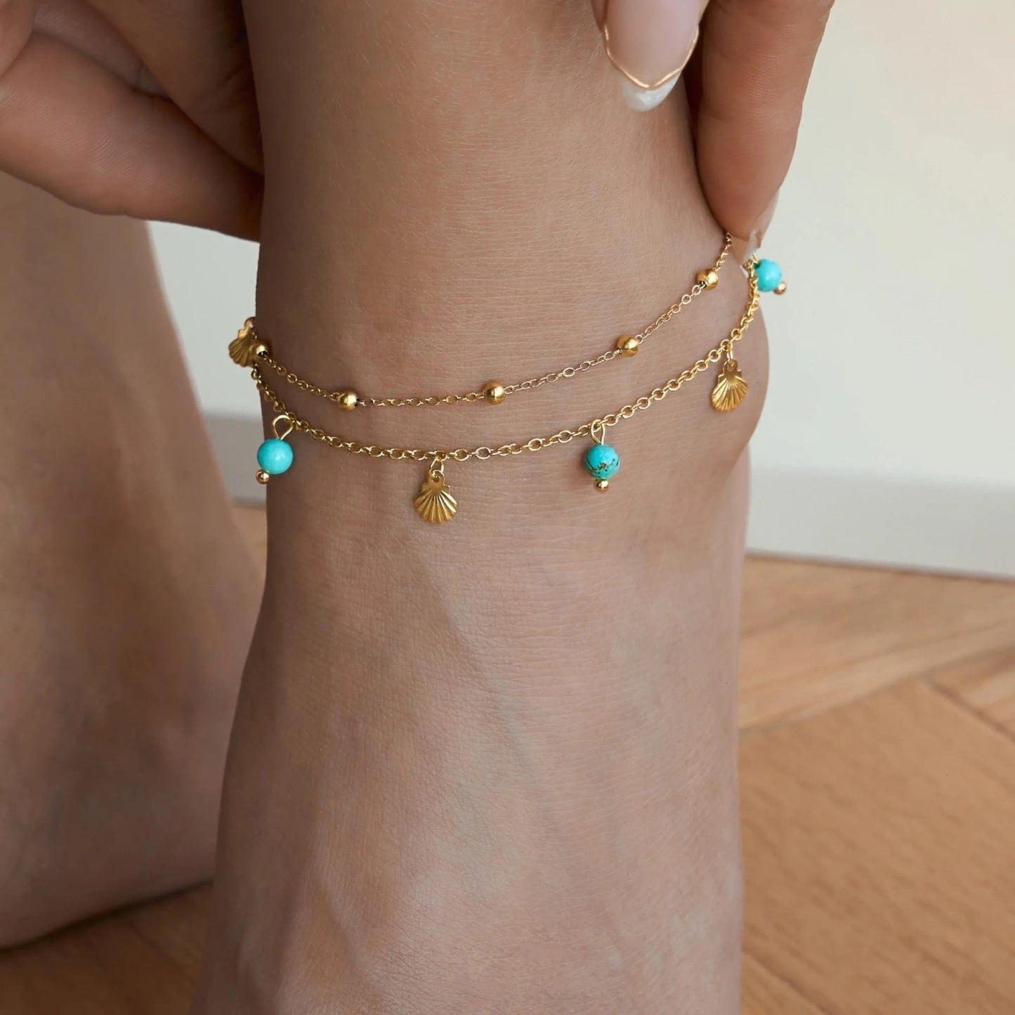 Bracelet de cheville double chaîne, multi charms