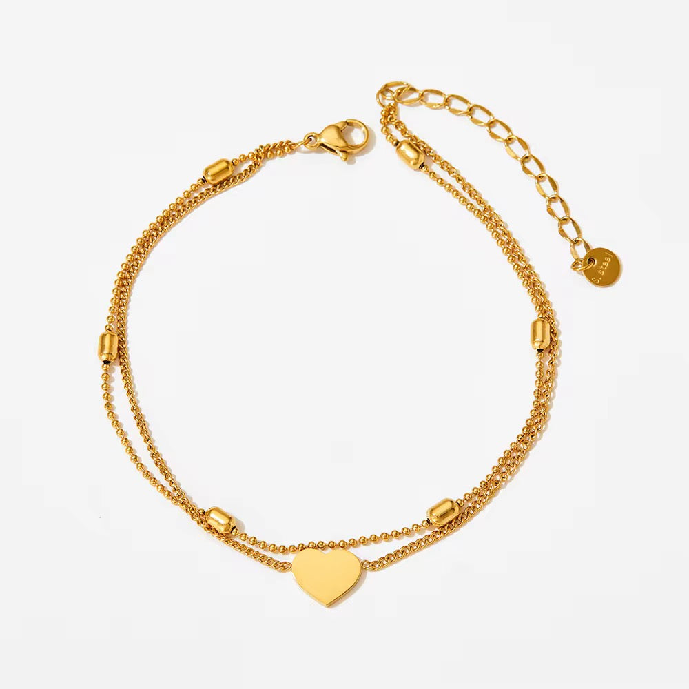 Bracelet de cheville doré double rang – Cœur minimaliste