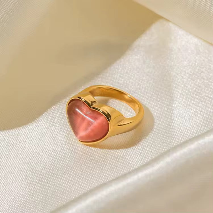 Bague Cœur Rose – Résine & Acier Inoxydable Plaqué Or