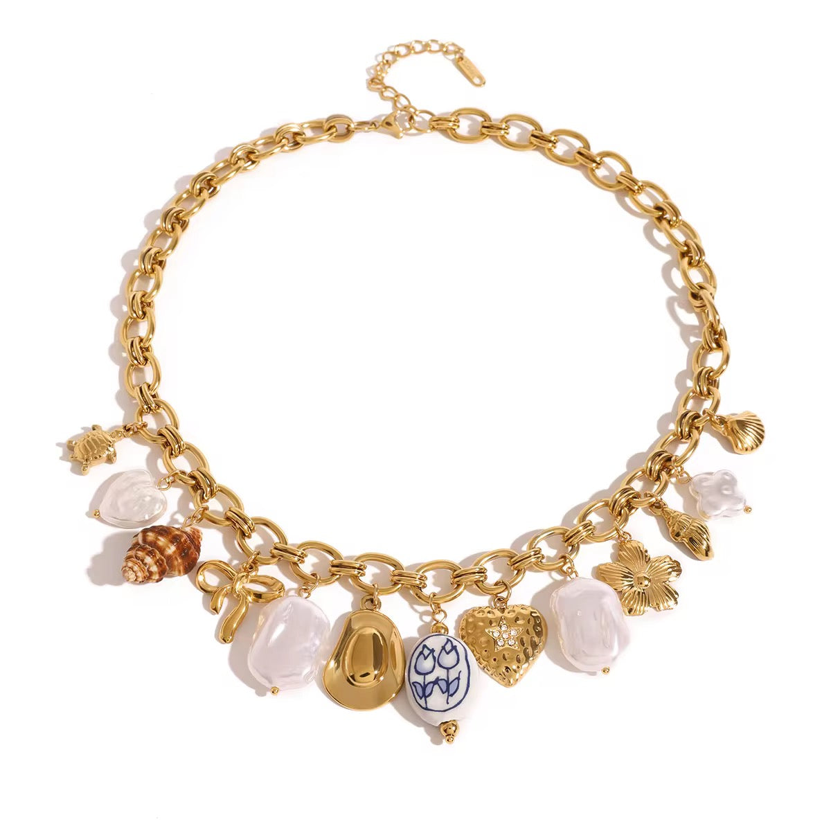 Collier à charms : Spring Collier doré charms coquillages, fleurs & porcelaine – Acier inoxydable