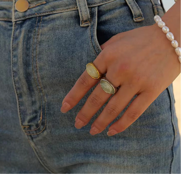 Bague Pierre Verte – Résine & Acier Inoxydable doré et argenté