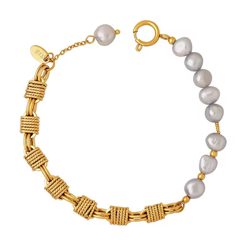 Bracelet perles naturelles grises & acier inoxydable doré à l’or fin