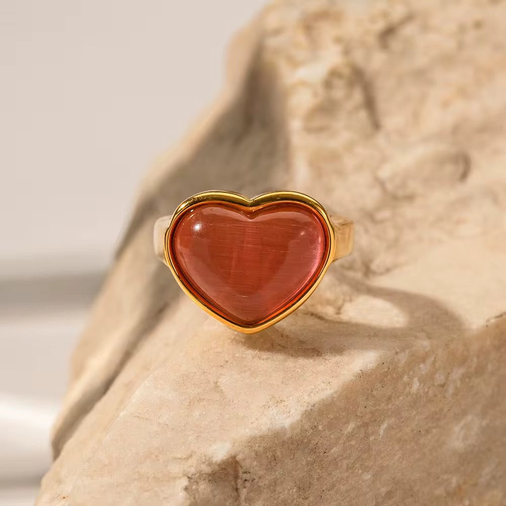 Bague Cœur Rose – Résine et Acier Inoxydable Plaqué Or 18K