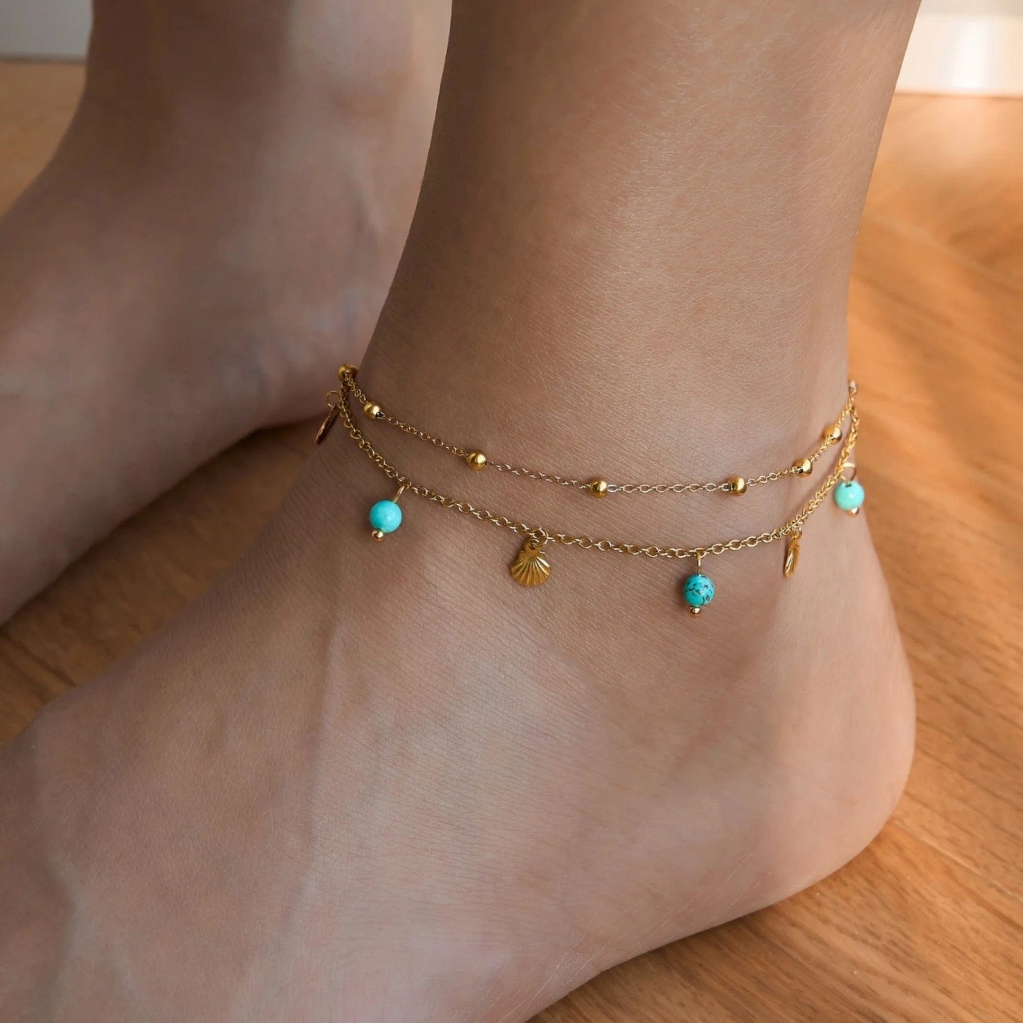 Bracelet de cheville double chaîne, multi charms