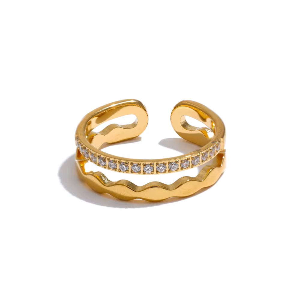 Bague double ligne ondulée – zircon, doré ou argenté
