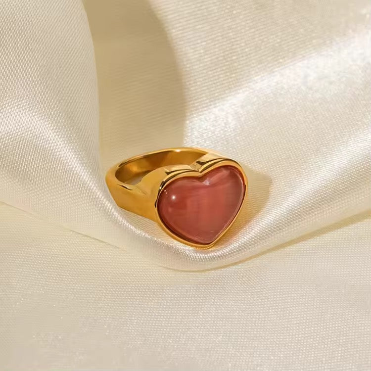 Bague Cœur Rose en Résine et Acier Inoxydable Plaqué Or 18K
