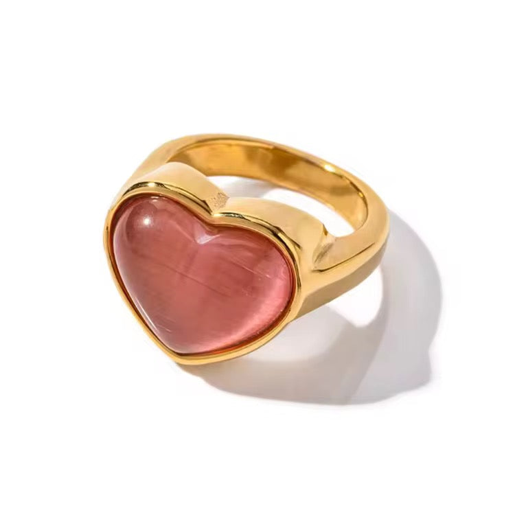 Bague Cœur Rose – Résine & Acier Inoxydable Plaqué Or 18K