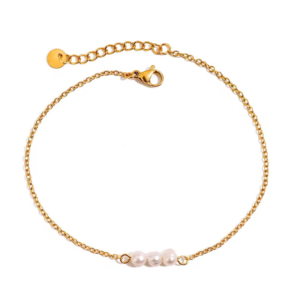 Bracelet de cheville – Perles naturelles blanches & acier inoxydable doré à l’or fin