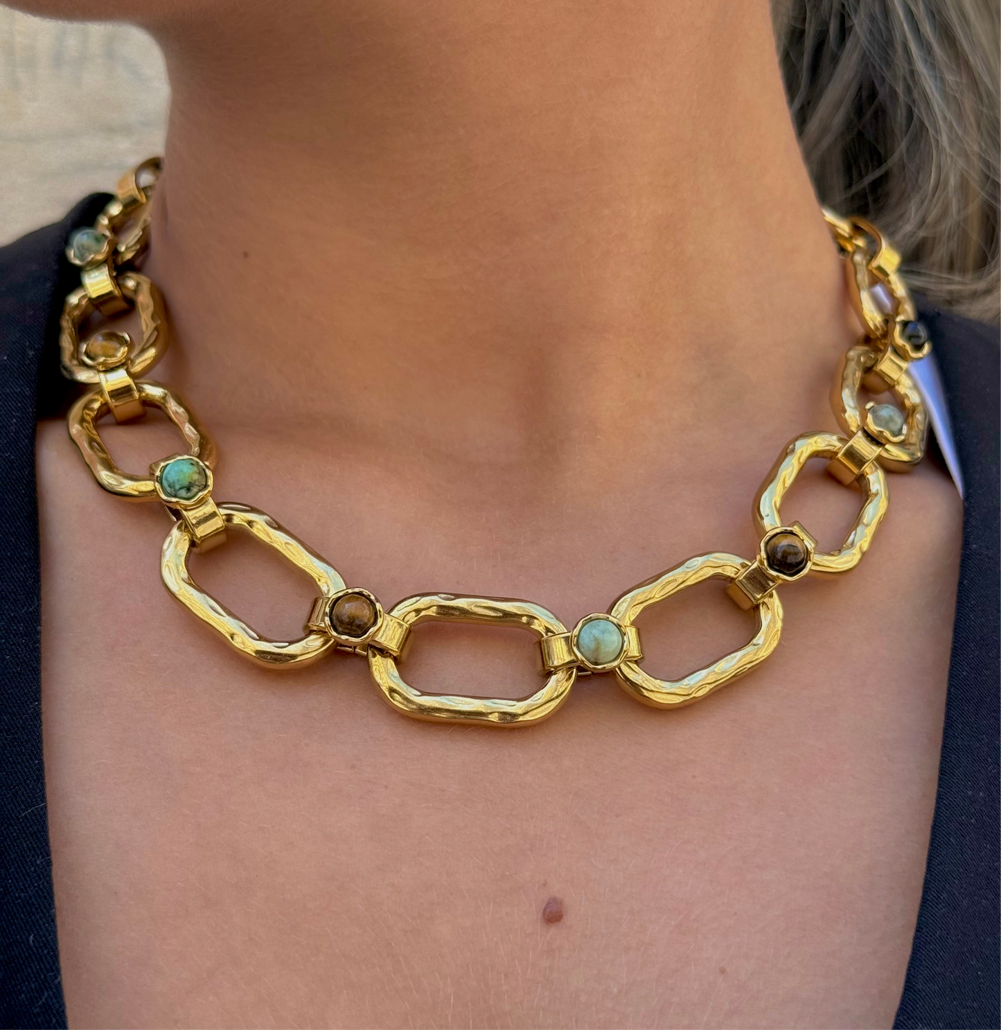 Collier gros maillons dorés & pierres oeil de tigre et agate mousse : Maïwenn