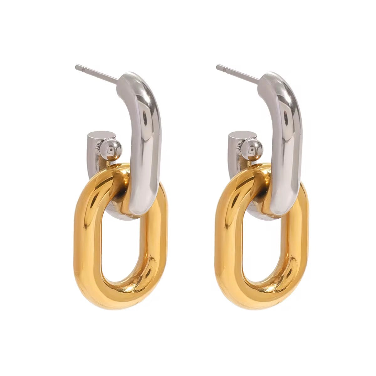 Boucles d’oreilles pendantes deux maillons mi argenté mi doré