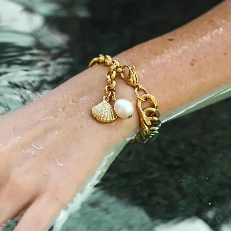 Bracelet Chaîne Cubaine Doré avec Perle d'Eau Douce - Stylé, Waterproof et Ajustable
