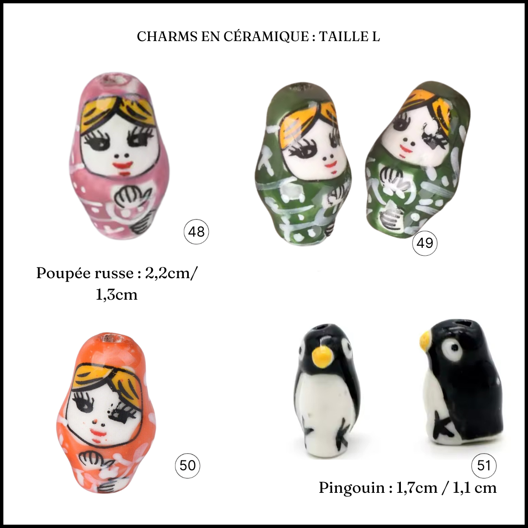Charms mignons poupée russe et pingouin en céramique pour personnaliser vos colliers, bracelets, bagues ou même des créoles.