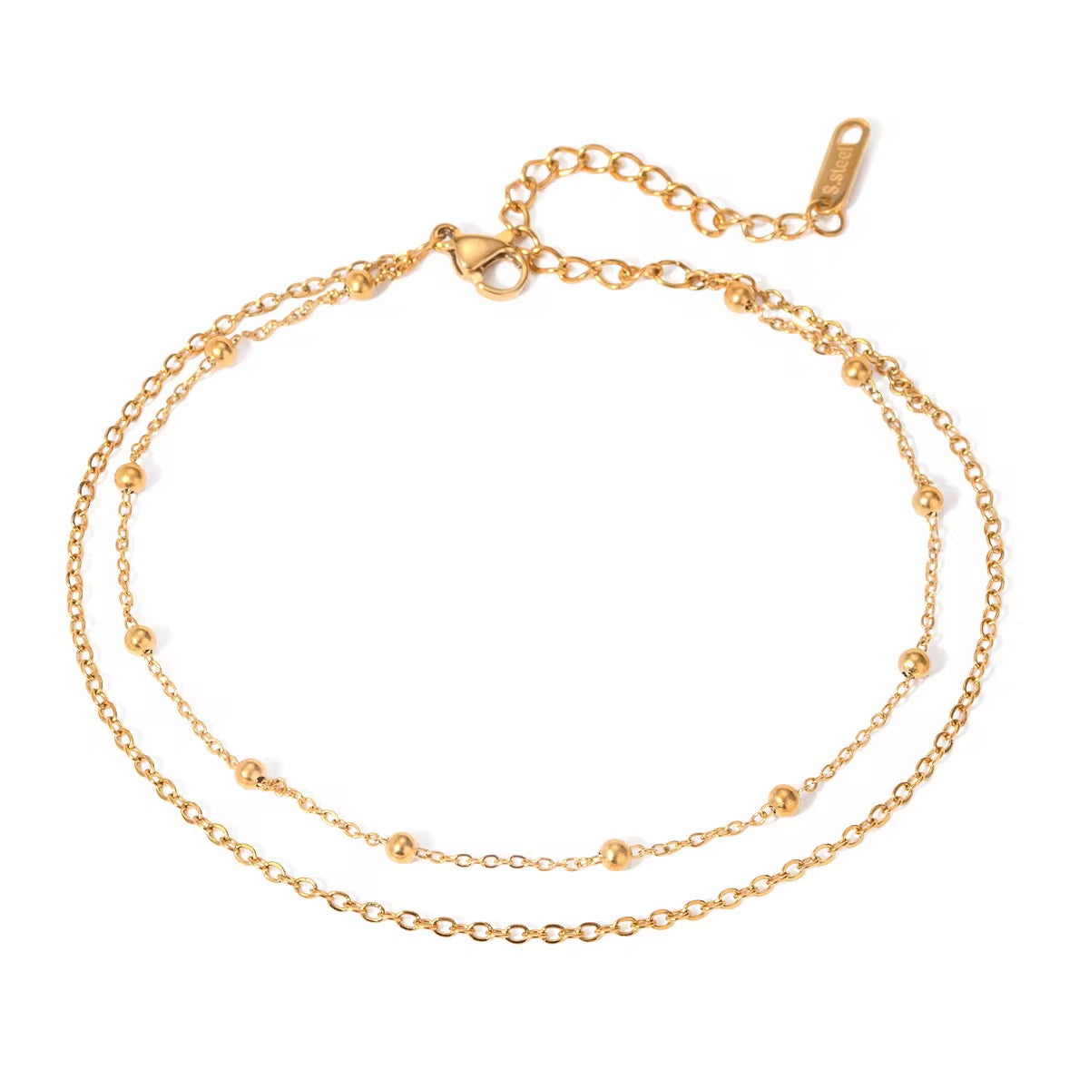 Bracelet de cheville doré double chaîne – Fines perles lisses