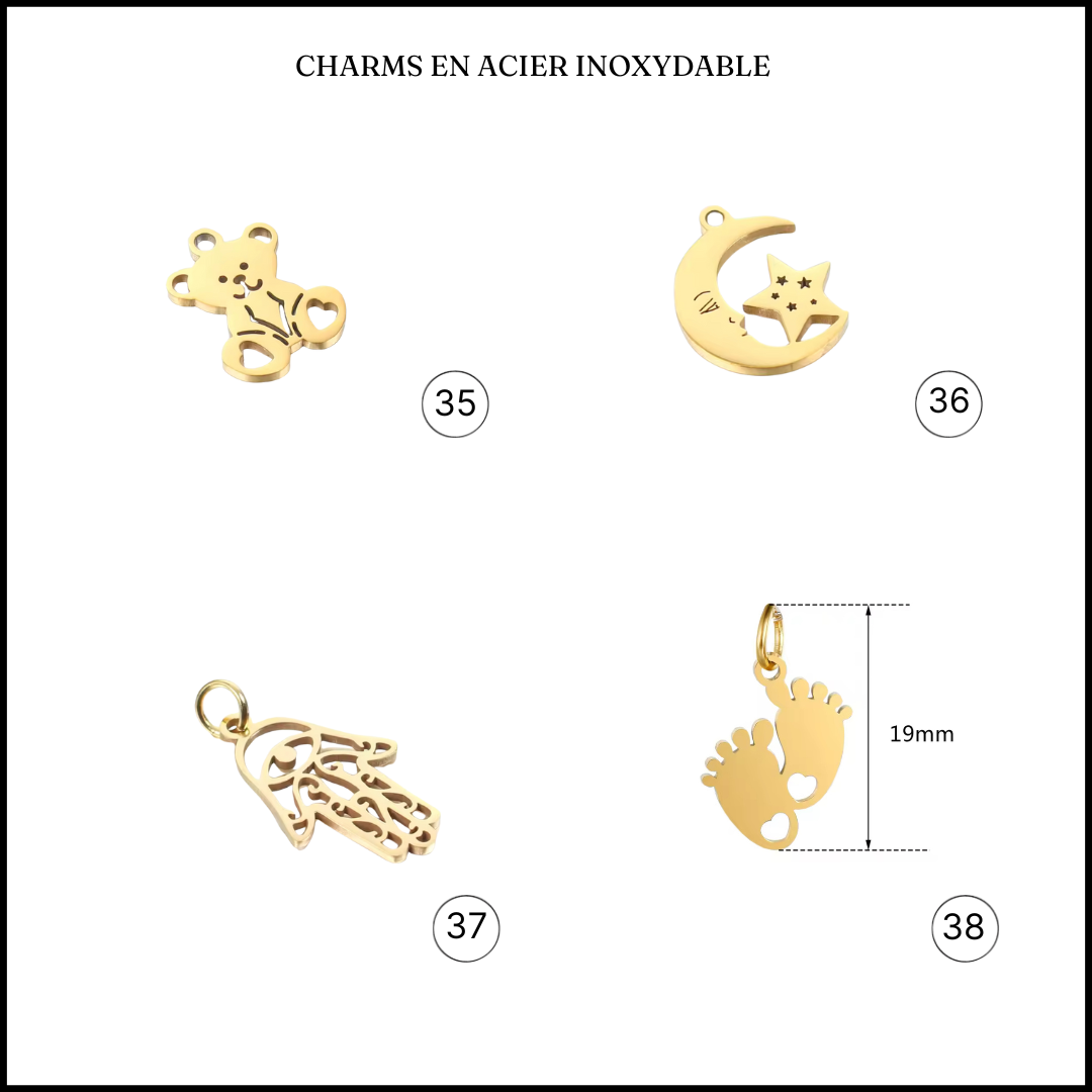 charms pied de bebe et nounours et main de fatma en acier inoxydable