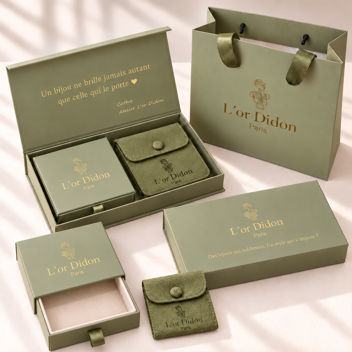 Emballage cadeau L'Or Didon, écrin, boßte et sac, pour offrir les gourmettes couple Le Duo