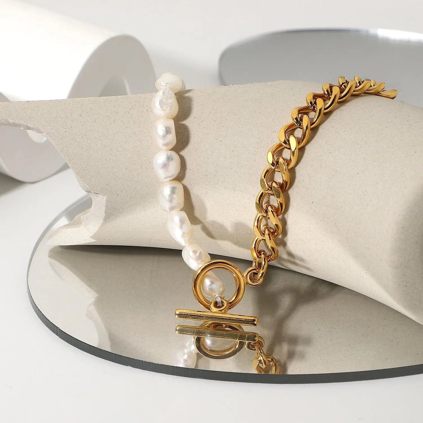 Duo : Collier en perles d'eau douce et acier inoxydable L'or Didon