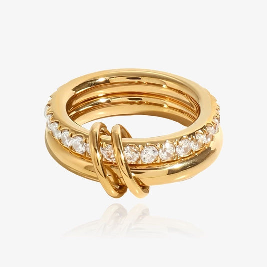 Bague double anneau dorée sertie d'oxydes de zirconium, pierre de synthèse à ne pas confondre avec le zircon