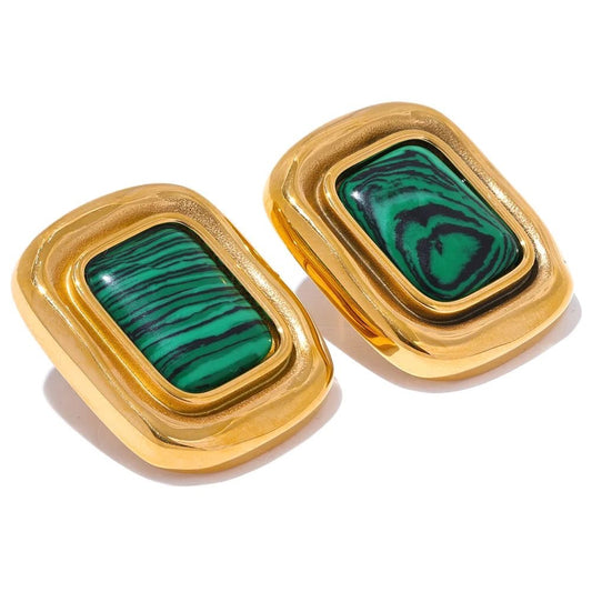 Boucles d’oreilles vintage dorées – Pierre verte malachite | Style old money
