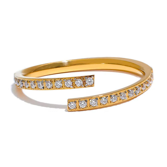Bague ouverte sertie de zircon – acier inoxydable doré ou argenté