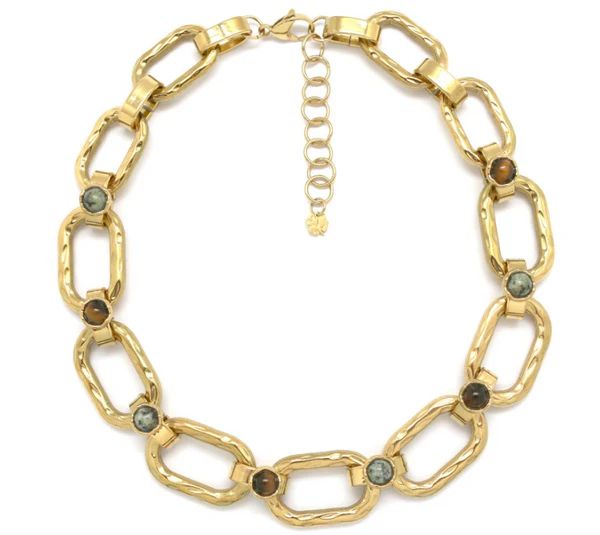 Collier gros maillons dorés ornés de pierres semi précieuses : Maïwenn