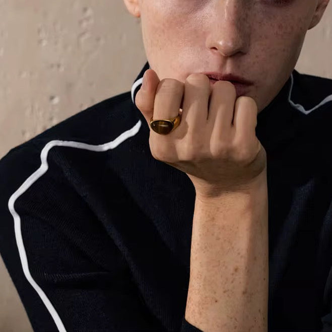 Bague Juliette en acier inoxydable doré – Pierre œil de tigre marron L'or Didon