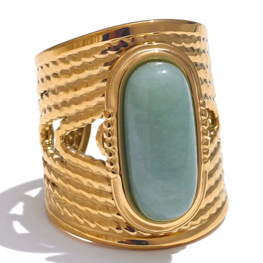 Bague bohème ornée d’une pierre naturelle verte aventurine : Inoxydable L'or Didon