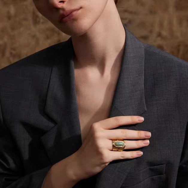 Bague bohème ornée d’une pierre naturelle verte aventurine : Inoxydable L'or Didon