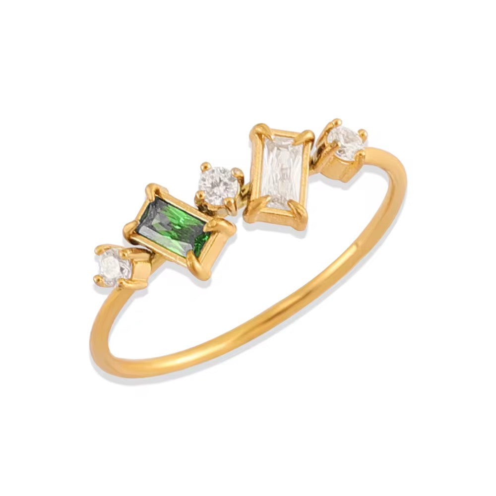 Bague en acier chirurgical doré ornée de zircons blancs & vert émeraude L'or Didon