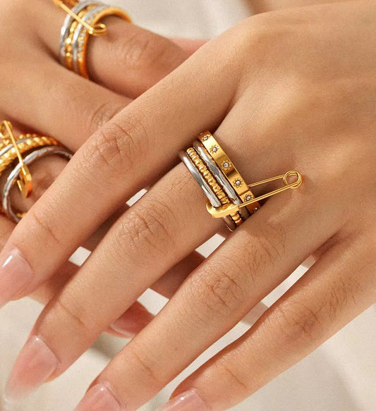 Bague épingle mixte doré/argenté – acier inoxydable : Laure