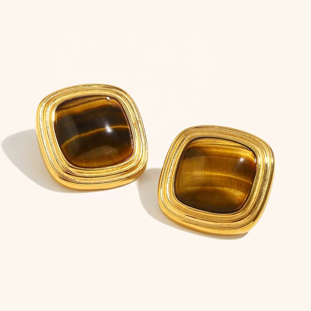Boucles d'Oreilles Carrées Œil de Tigre – Acier Inoxydable Plaqué Or