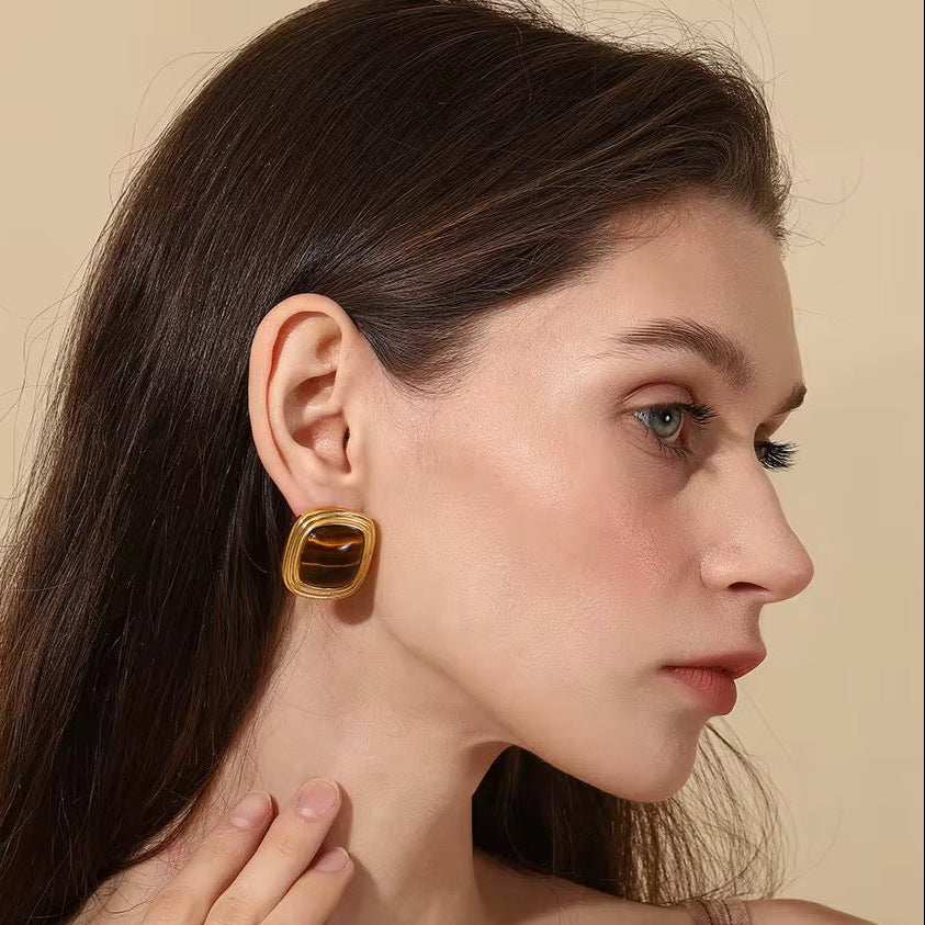 Boucles d'Oreilles Carrées Œil de Tigre – Acier Inoxydable Plaqué Or