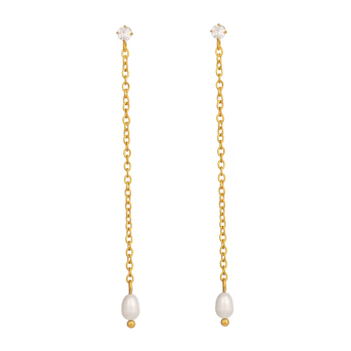 Boucles d’oreilles pendantes dorées avec chaîne fine et perle blanche. Un modèle minimaliste et élégant, idéal au quotidien comme en soirée. Hypoallergénique