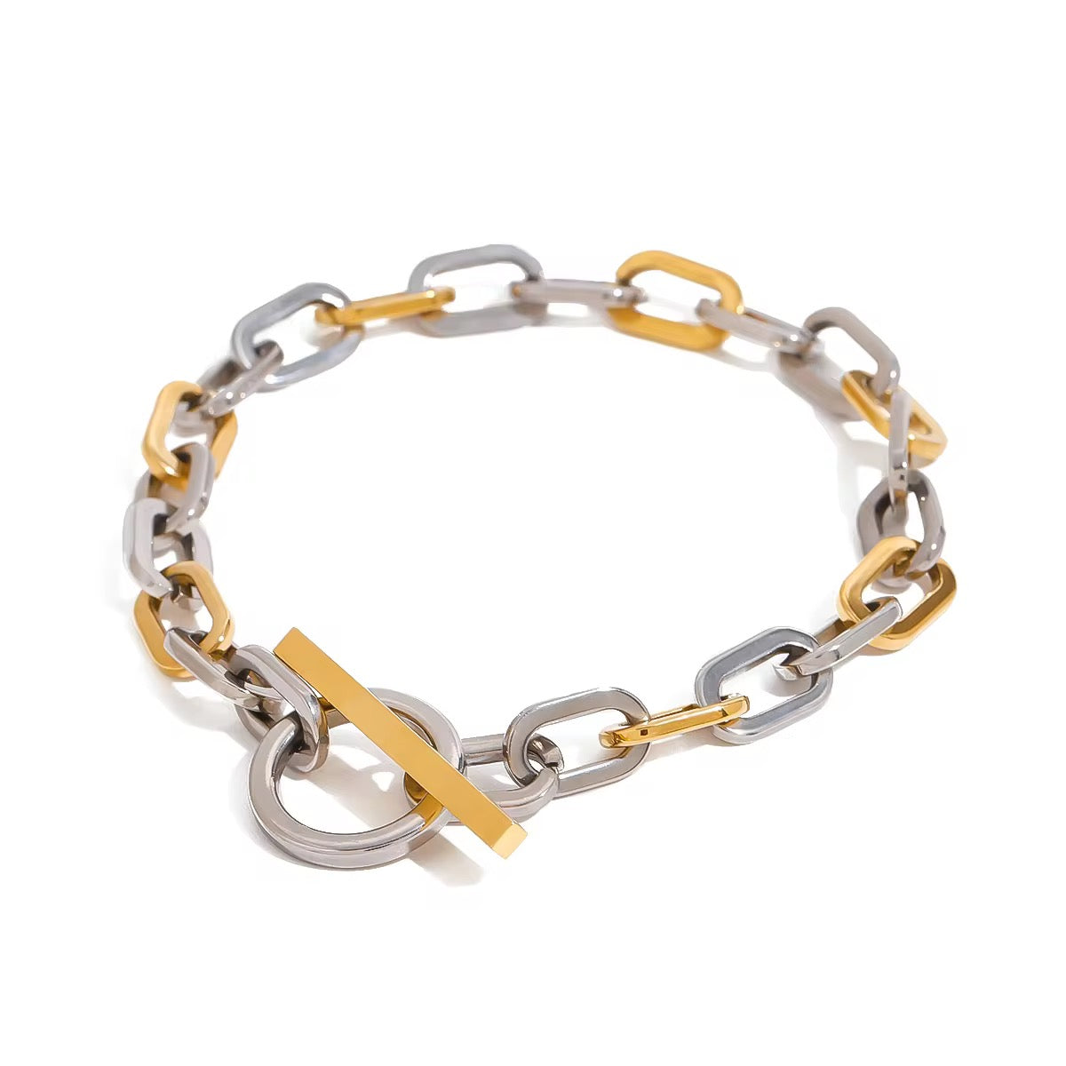 Bracelet maille dorée et argenté avec fermoir T en acier inoxydable plaque or