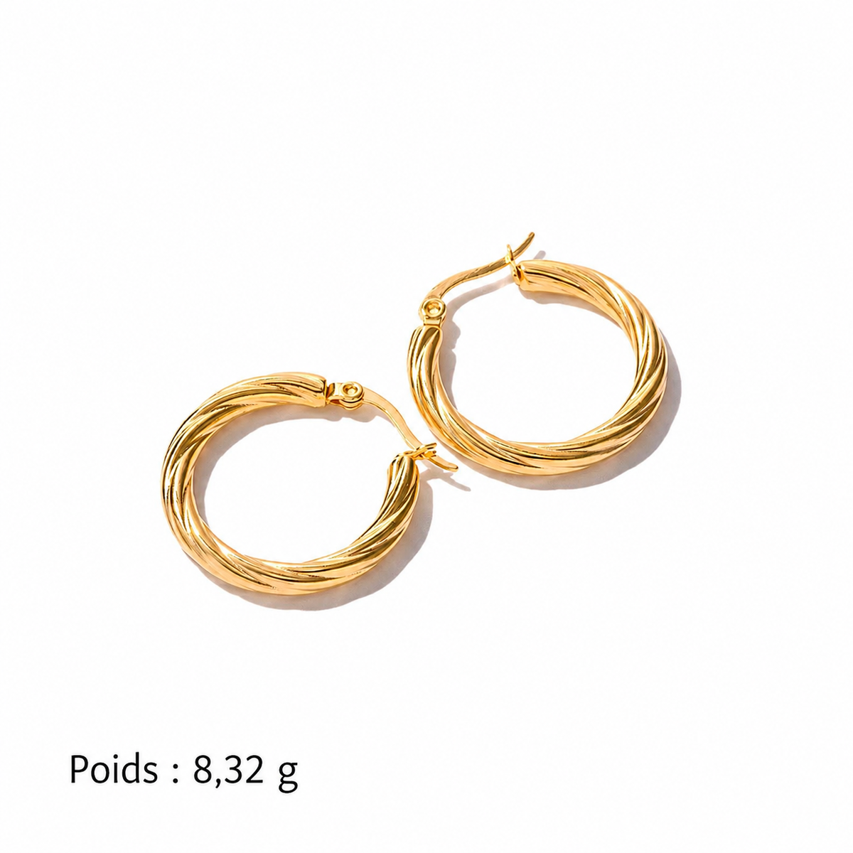Large twisted hoop earrings in surgical steel, gilded with fine gold