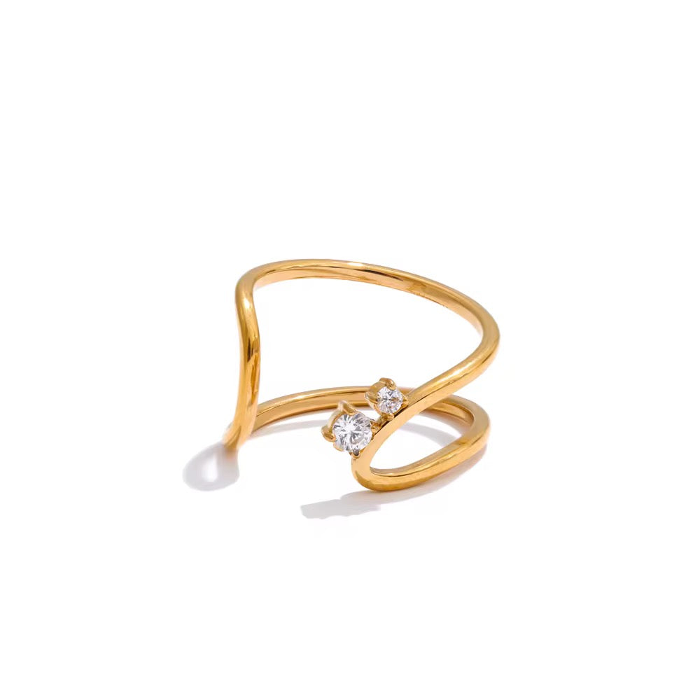 Bague ouverte réglable en acier inoxydable doré – Deux pierres de zircon L'or Didon