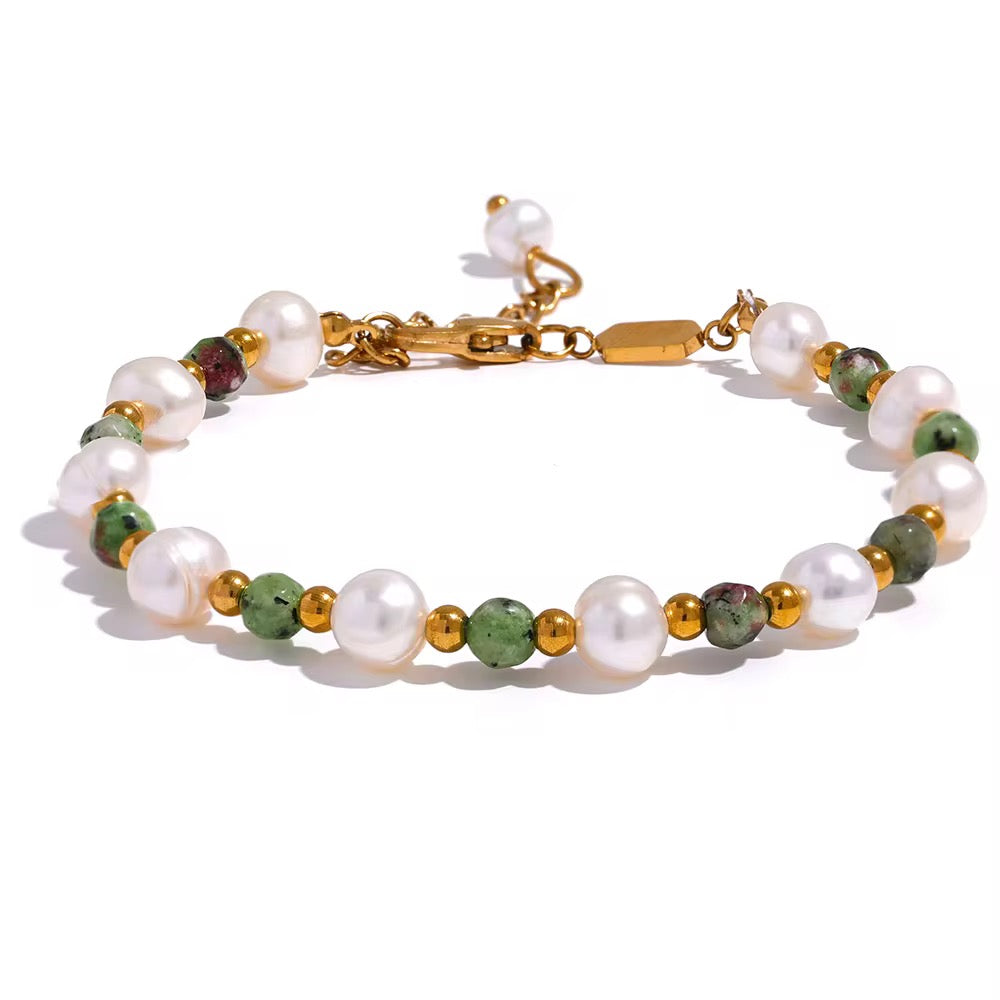 Bracelet perles naturelles & pierres semi-précieuses vertes 