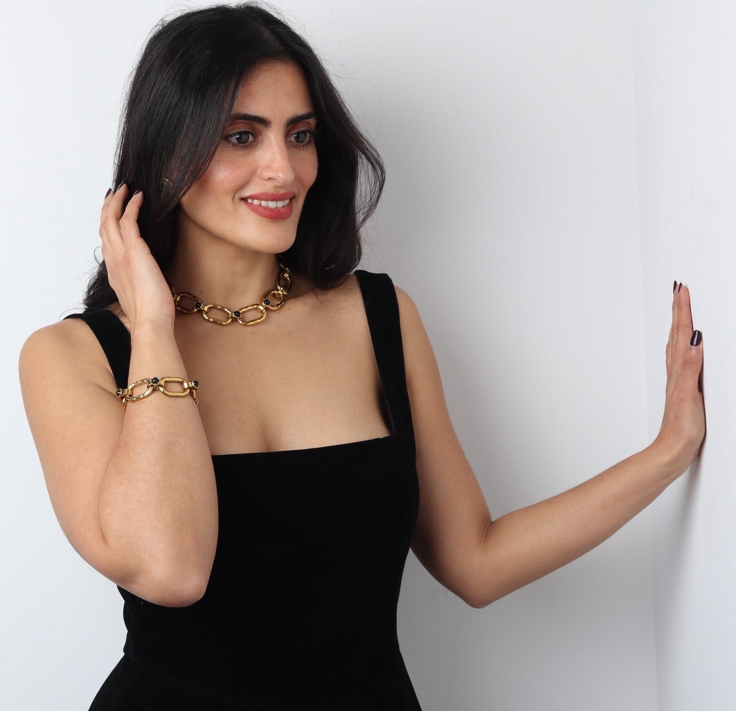 Collier gros maillons dorés ornés de pierres semi précieuses : Maïwenn