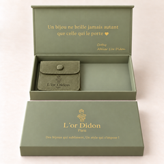 Boîte cadeau rectangulaire L'Or Didon 18x9 cm ouverte, avec la phrase dorée et son petit pochon