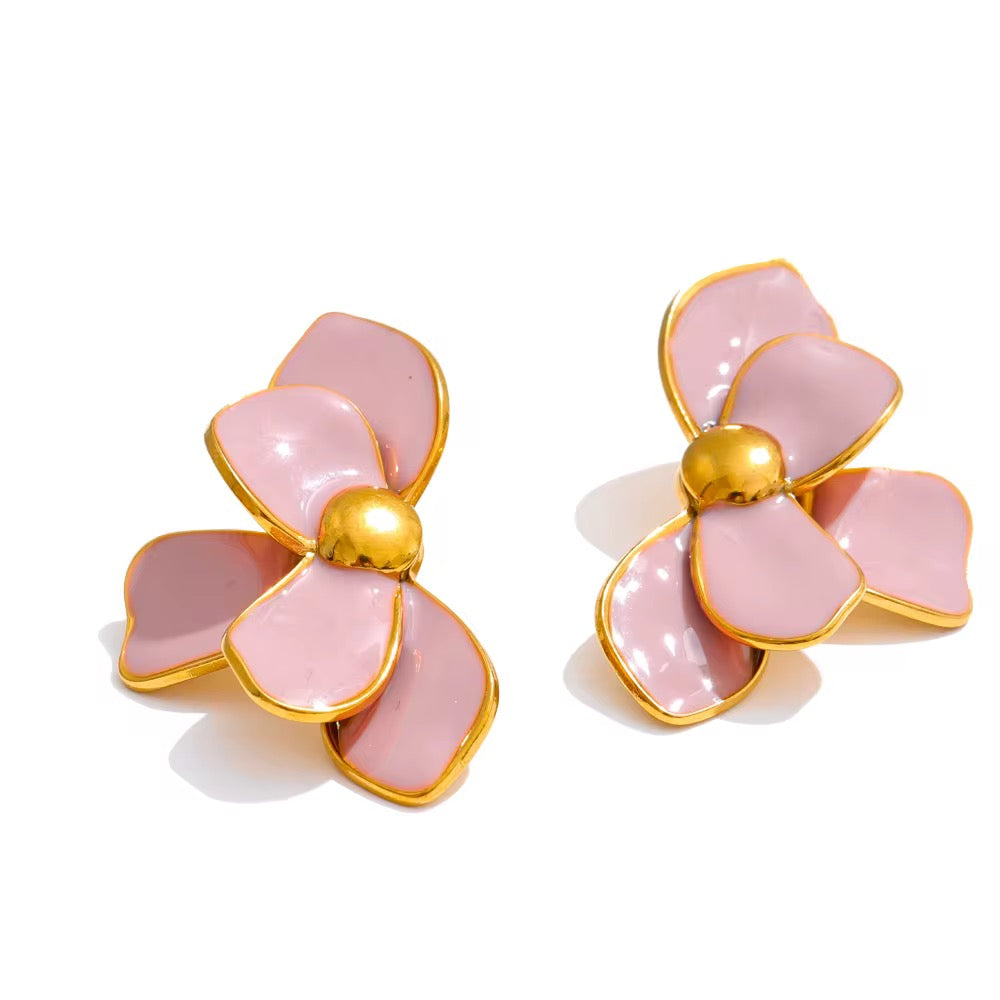 Boucles d'oreilles en émail rose poudré et acier chirurgical doré L'Or Didon