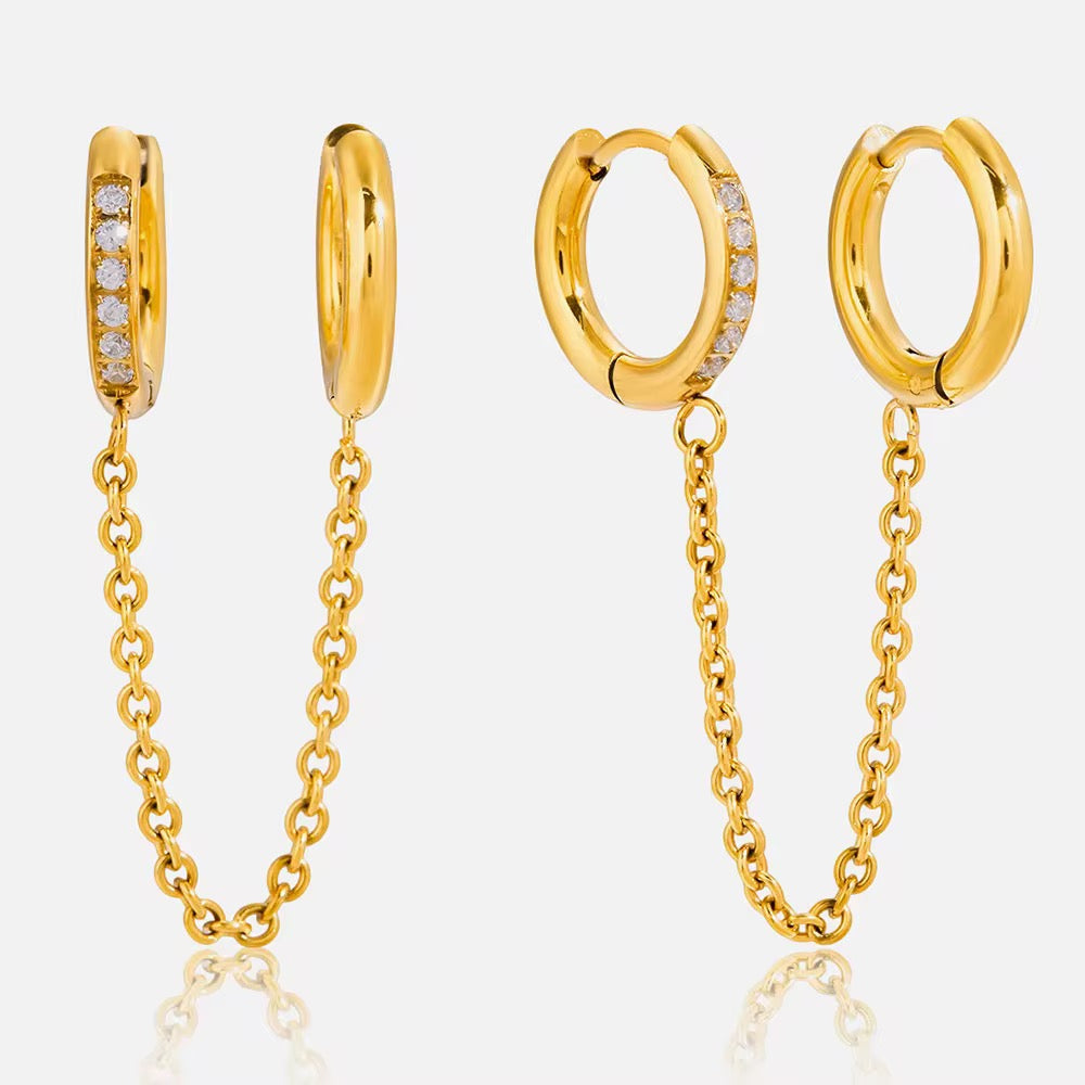 Boucles d'oreilles créoles dorées avec chaîne pendante en acier chirurgical trempé à l'or fin 18 carats