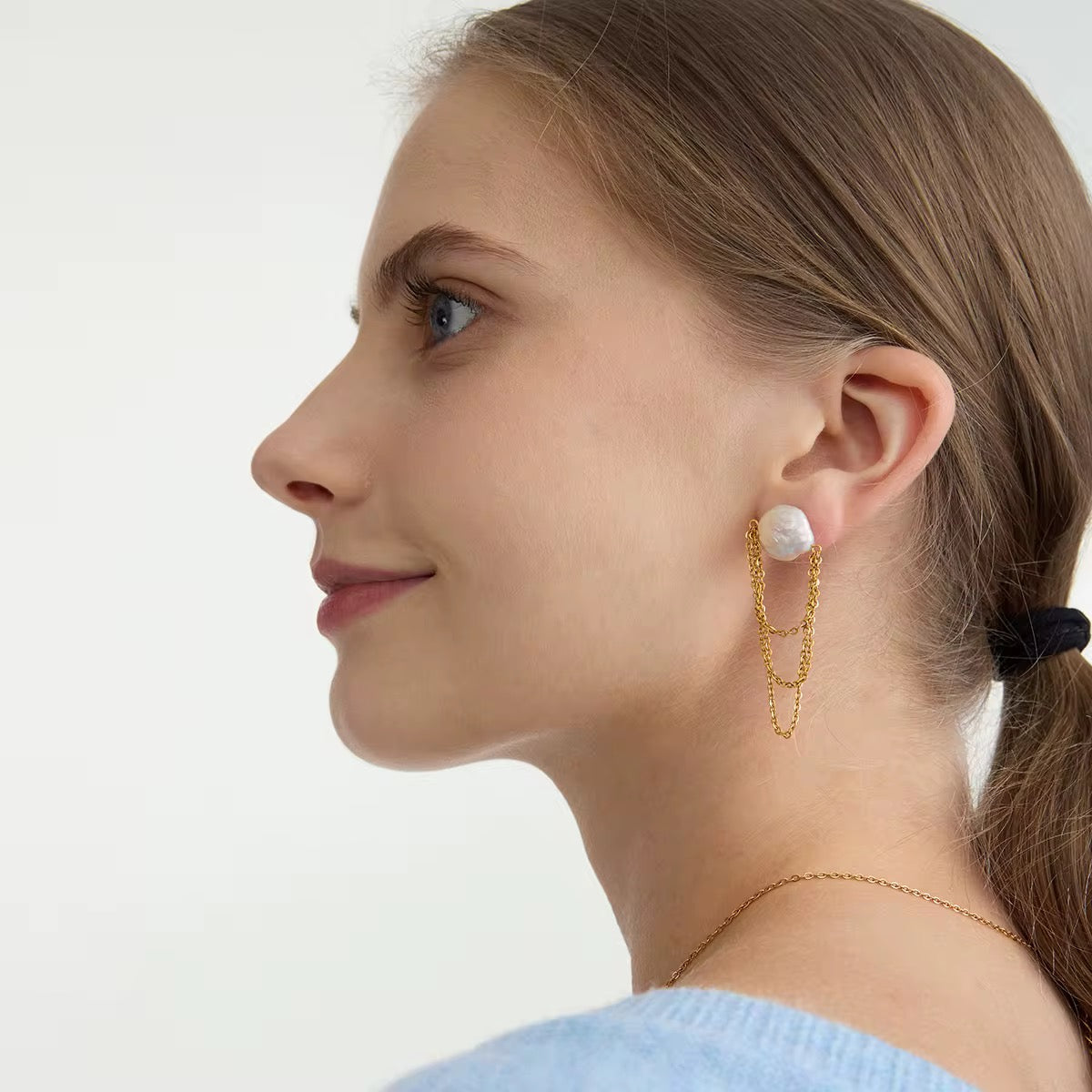 Boucles d'oreilles dorées avec perle naturelle en acier inoxydable L'or Didon