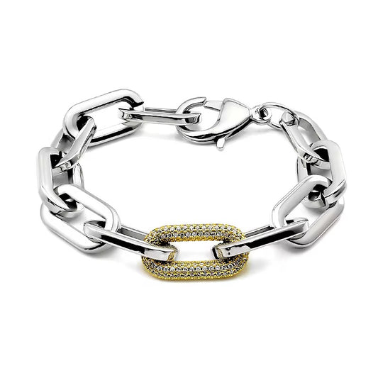 Bracelet grosse maille argenté avec fermoir pavé doré tendance