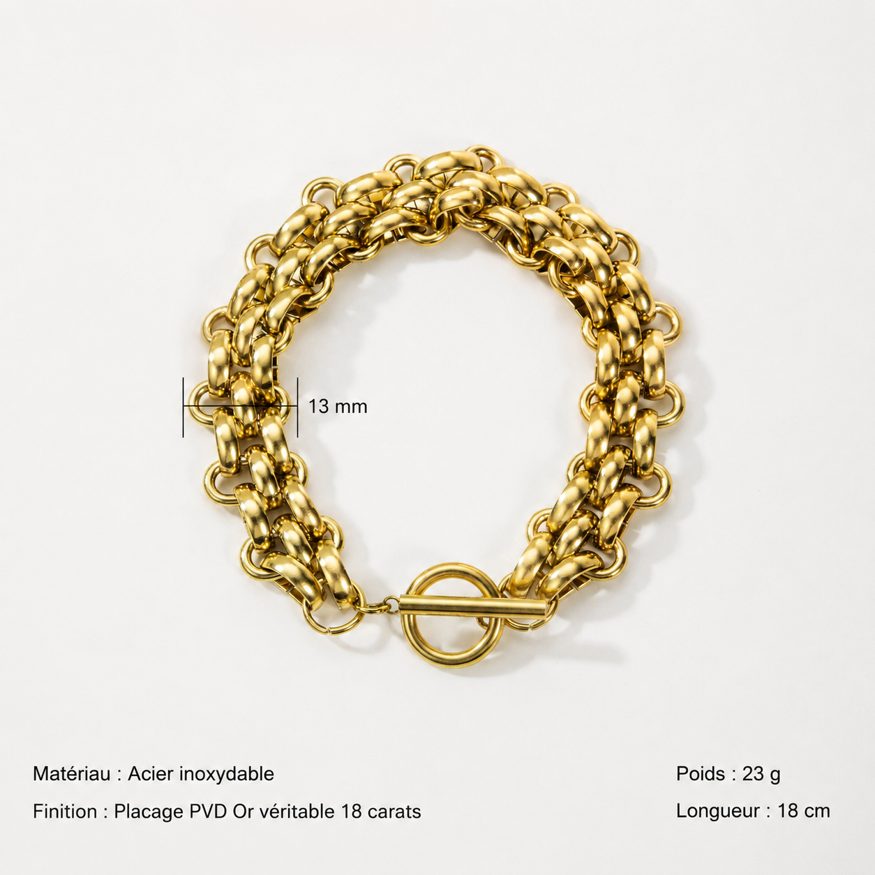 Bracelet doré à grosse maille avec fermoir toggle rond, bijou femme élégant et intemporel