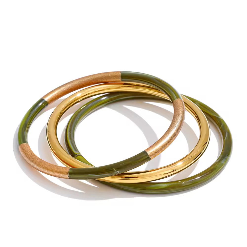 Bracelet jonc en résine vert doré trempé à l'or fin 18k