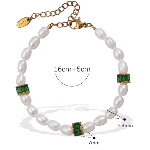 Bracelet en perles naturelles d’eau douce et pierres de zirconium vertes L'or Didon