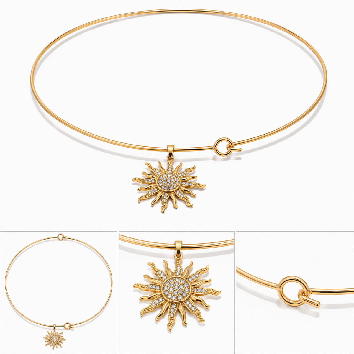 Tour de cou doré avec pendentif soleil XL interchangeable, vue détaillée du bijou.